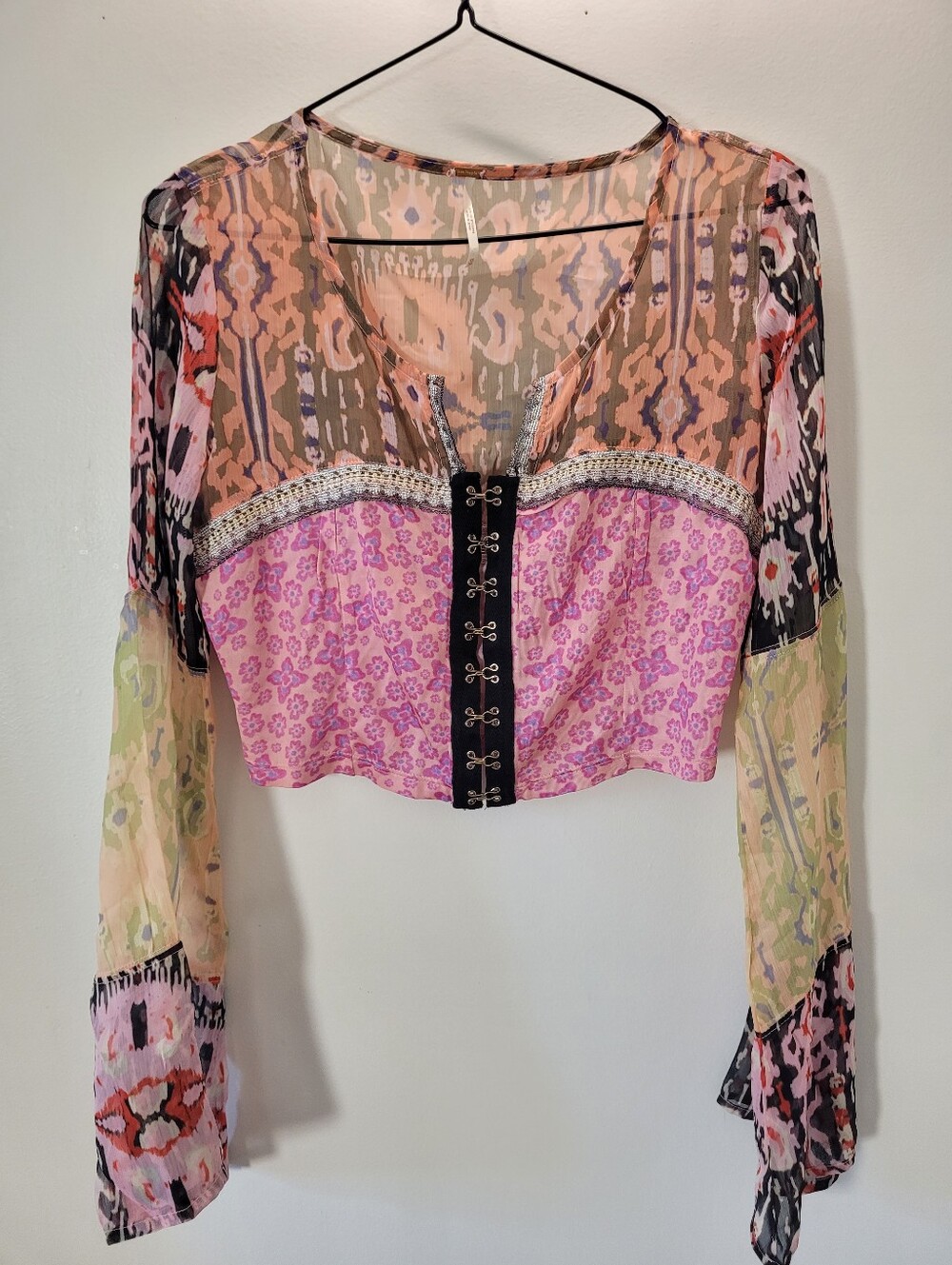 Free People Walk That Walk Corset Inspired Bell Sleeve Boho Crop Top - Xs